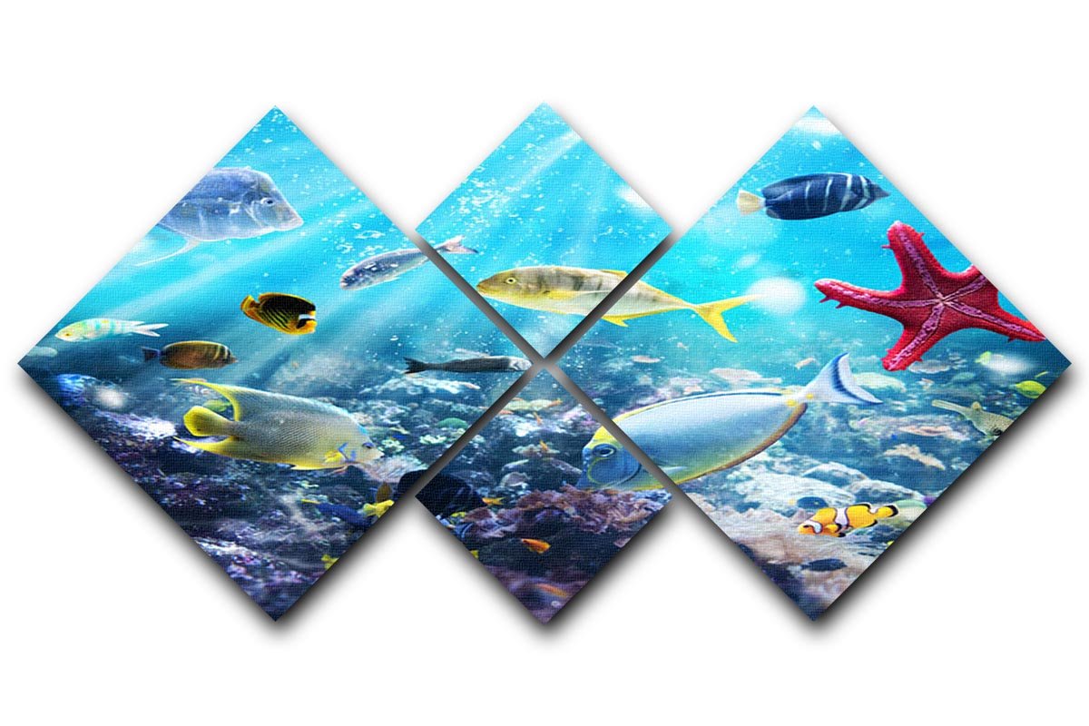 Colourful fish and marine vegetation undersea with sunray 4 Square Multi Panel Canvas - Canvas Art Rocks - 1