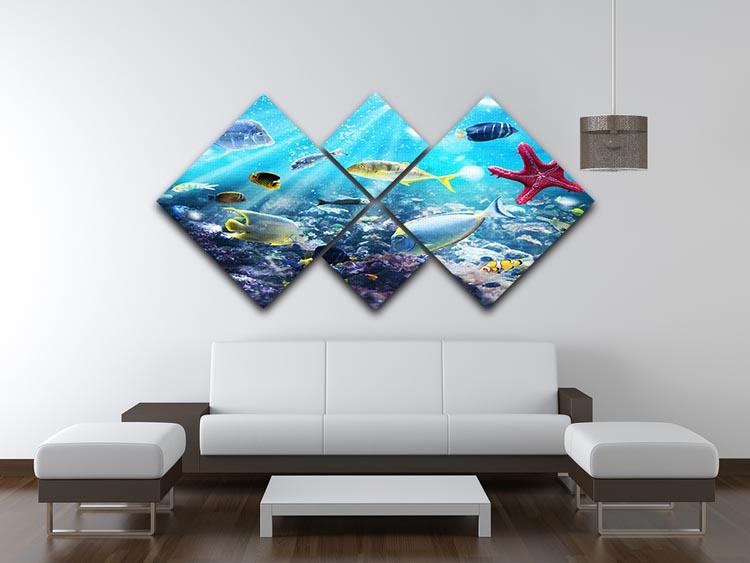 Colourful fish and marine vegetation undersea with sunray 4 Square Multi Panel Canvas - Canvas Art Rocks - 3