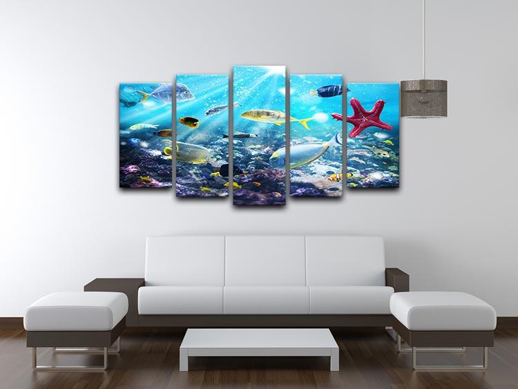 Colourful fish and marine vegetation undersea with sunray 5 Split Panel Canvas - Canvas Art Rocks - 3