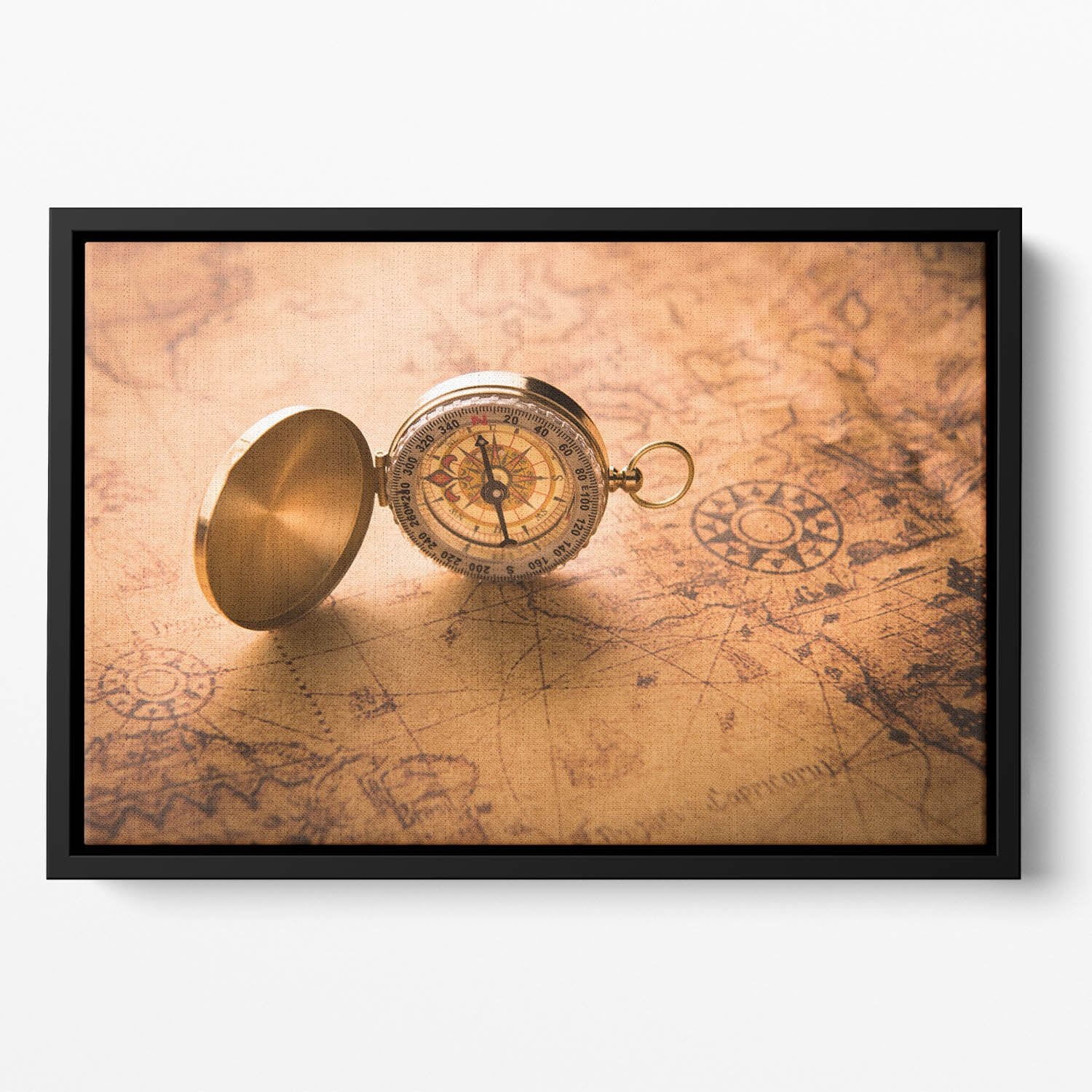 Compass on old map vintage style Floating Framed Canvas
