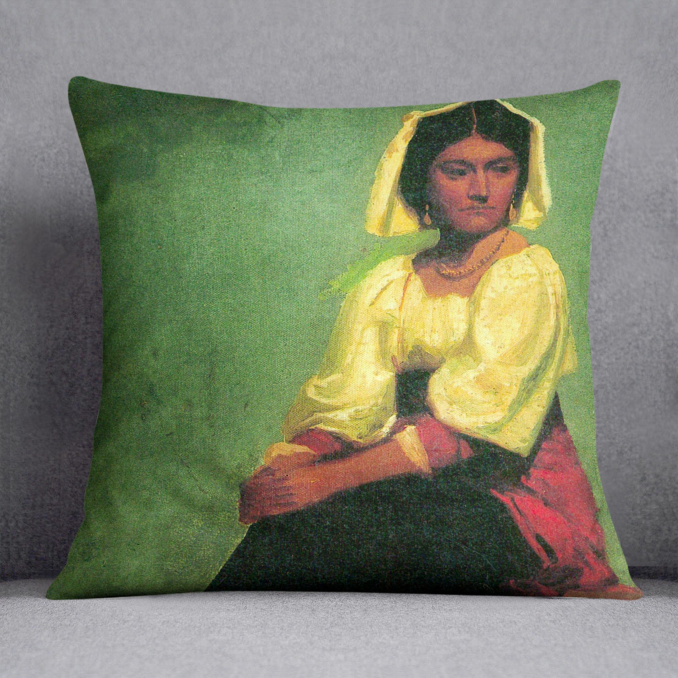 Costume study of a seated woman by Bierstadt Cushion - Canvas Art Rocks - 1