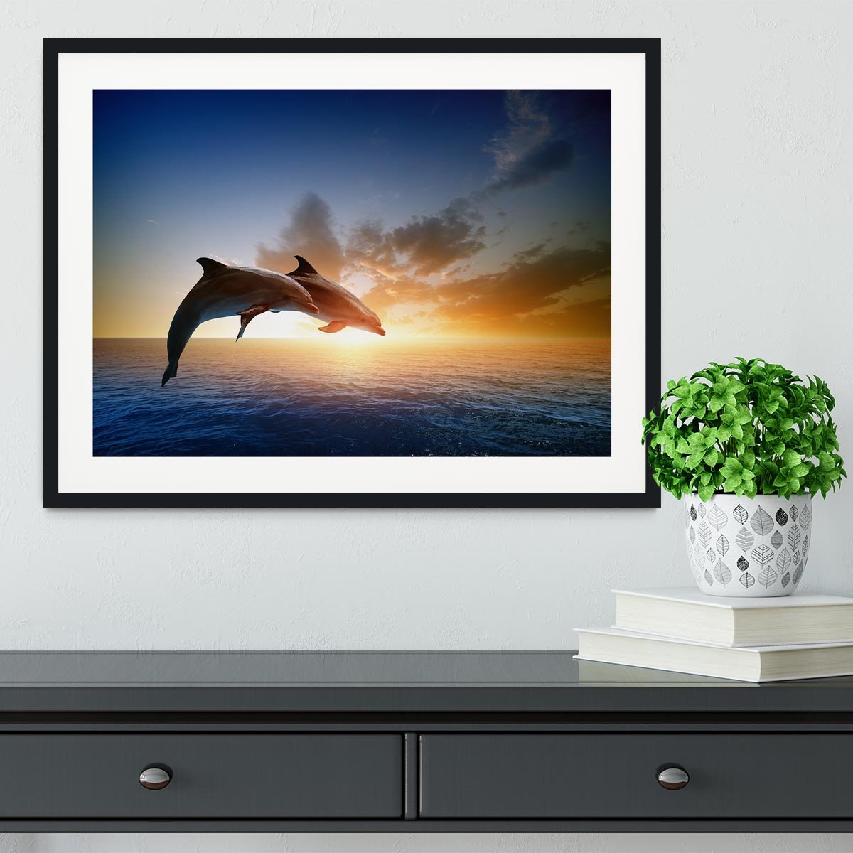 Couple jumping dolphins Framed Print - Canvas Art Rocks - 1