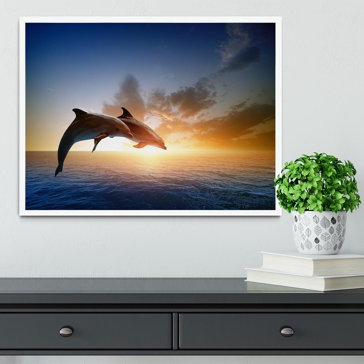 Couple jumping dolphins Framed Print - Canvas Art Rocks -6