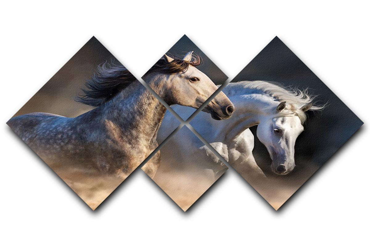 Couple of horse run in dust at sunset light 4 Square Multi Panel Canvas - Canvas Art Rocks - 1