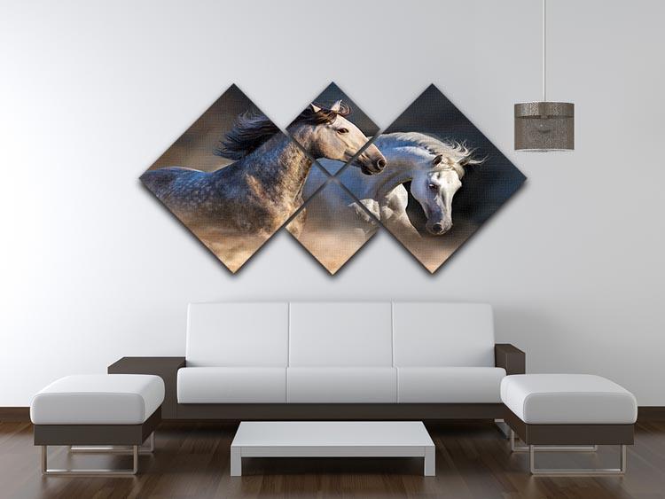 Couple of horse run in dust at sunset light 4 Square Multi Panel Canvas - Canvas Art Rocks - 3
