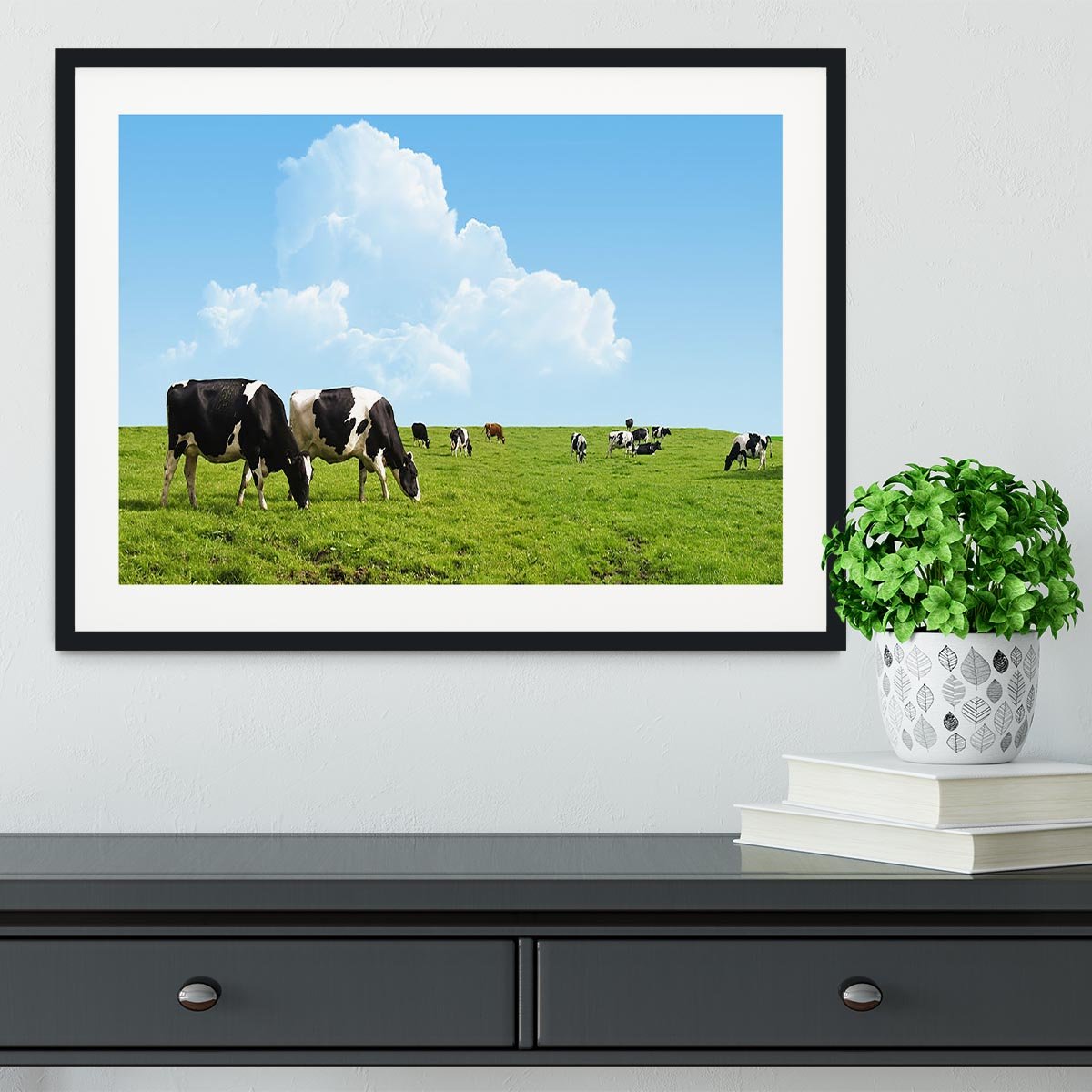 Cows grazing on a farm Framed Print - Canvas Art Rocks - 1