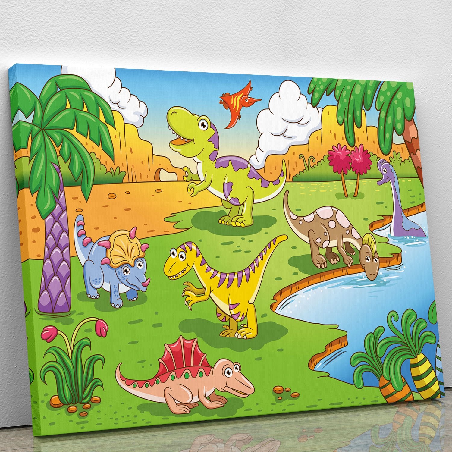 Cute dinosaurs in prehistoric scene Canvas Print or Poster