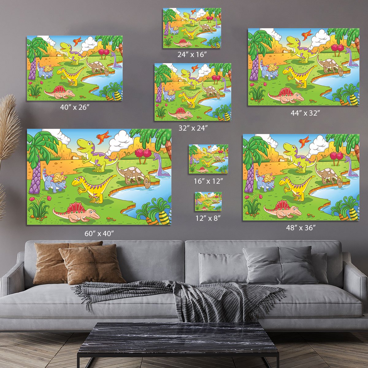 Cute dinosaurs in prehistoric scene Canvas Print or Poster