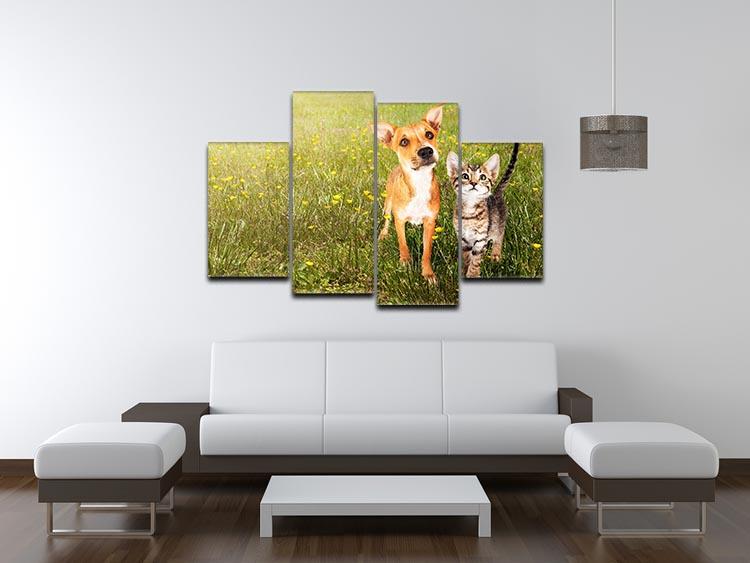 Cute kitten and puppy together in a field 4 Split Panel Canvas - Canvas Art Rocks - 3