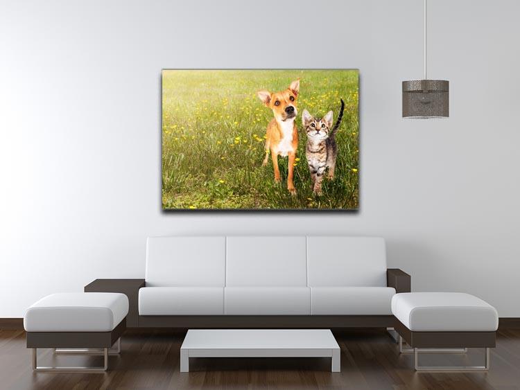 Cute kitten and puppy together in a field Canvas Print or Poster - Canvas Art Rocks - 4
