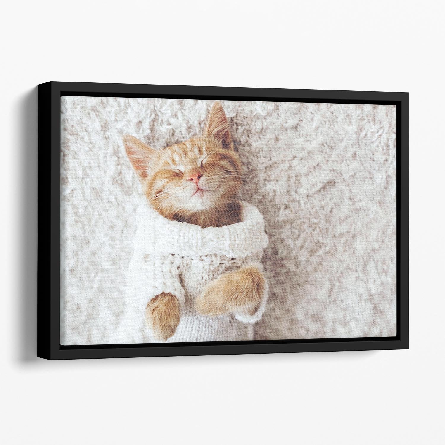 Cute little ginger kitten wearing warm knitted sweater Floating Framed Canvas - Canvas Art Rocks - 1