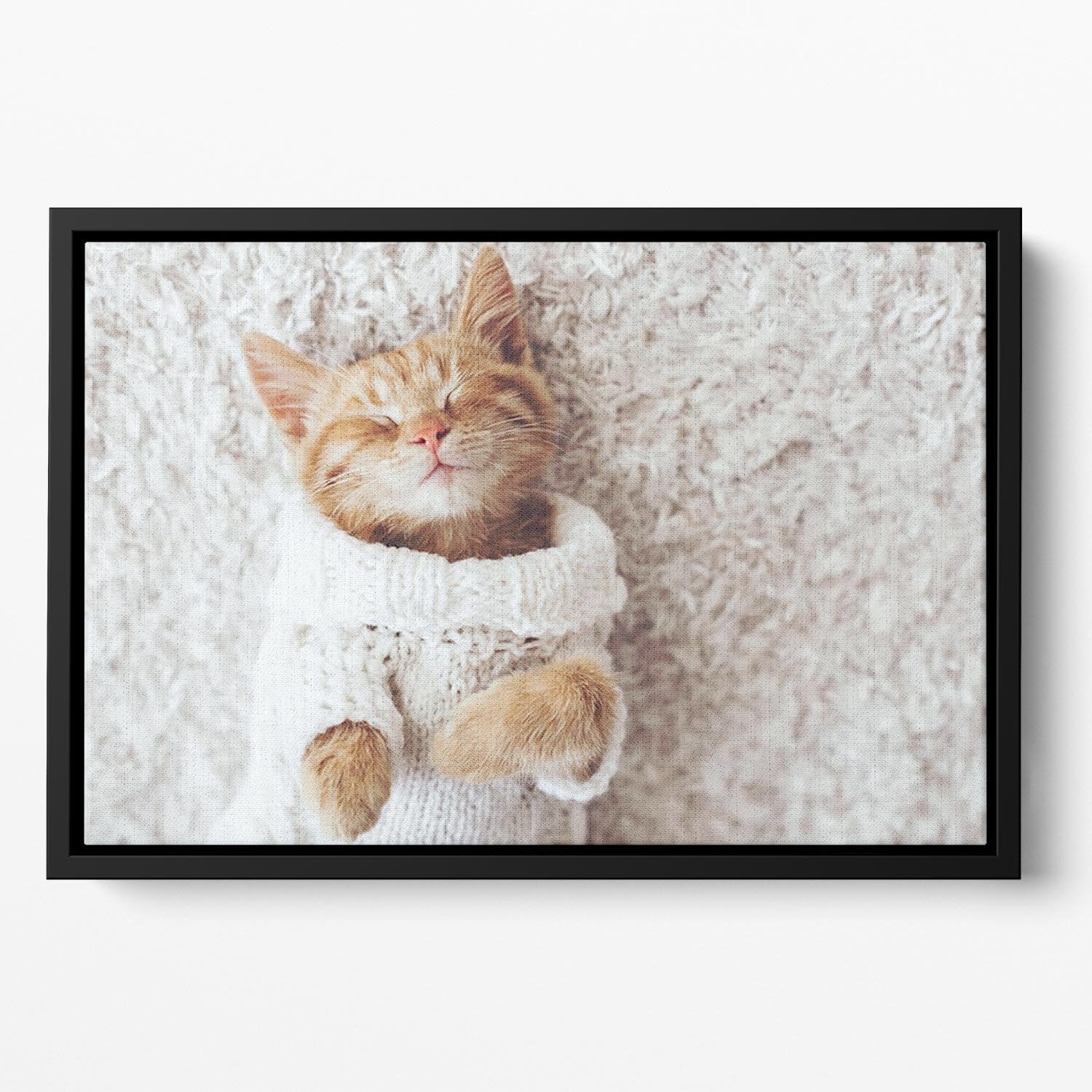 Cute little ginger kitten wearing warm knitted sweater Floating Framed Canvas - Canvas Art Rocks - 2