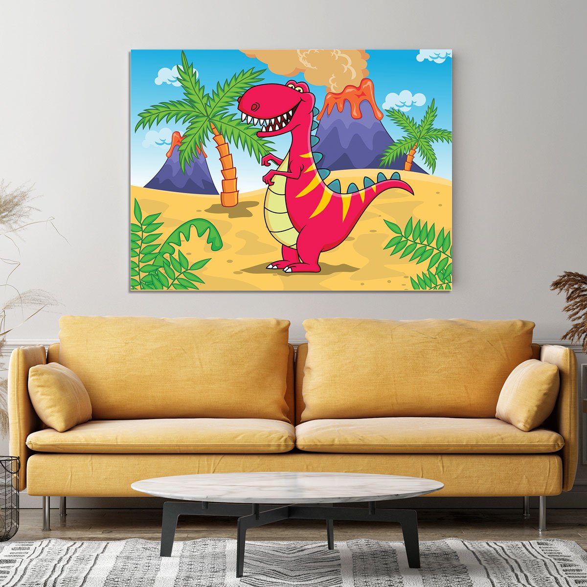 Dinosaur Volcano Cartoon Canvas Print or Poster