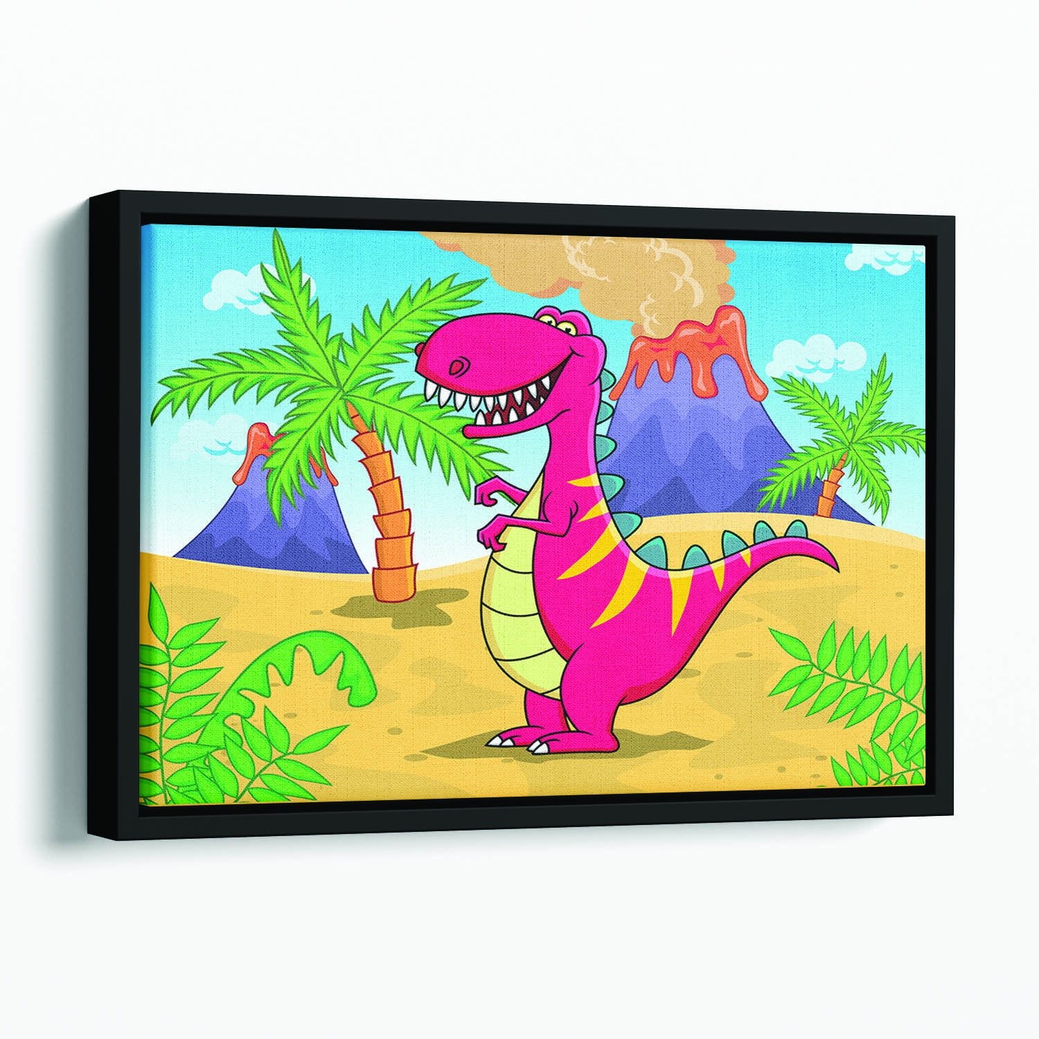 Dinosaur Volcano Cartoon Floating Framed Canvas