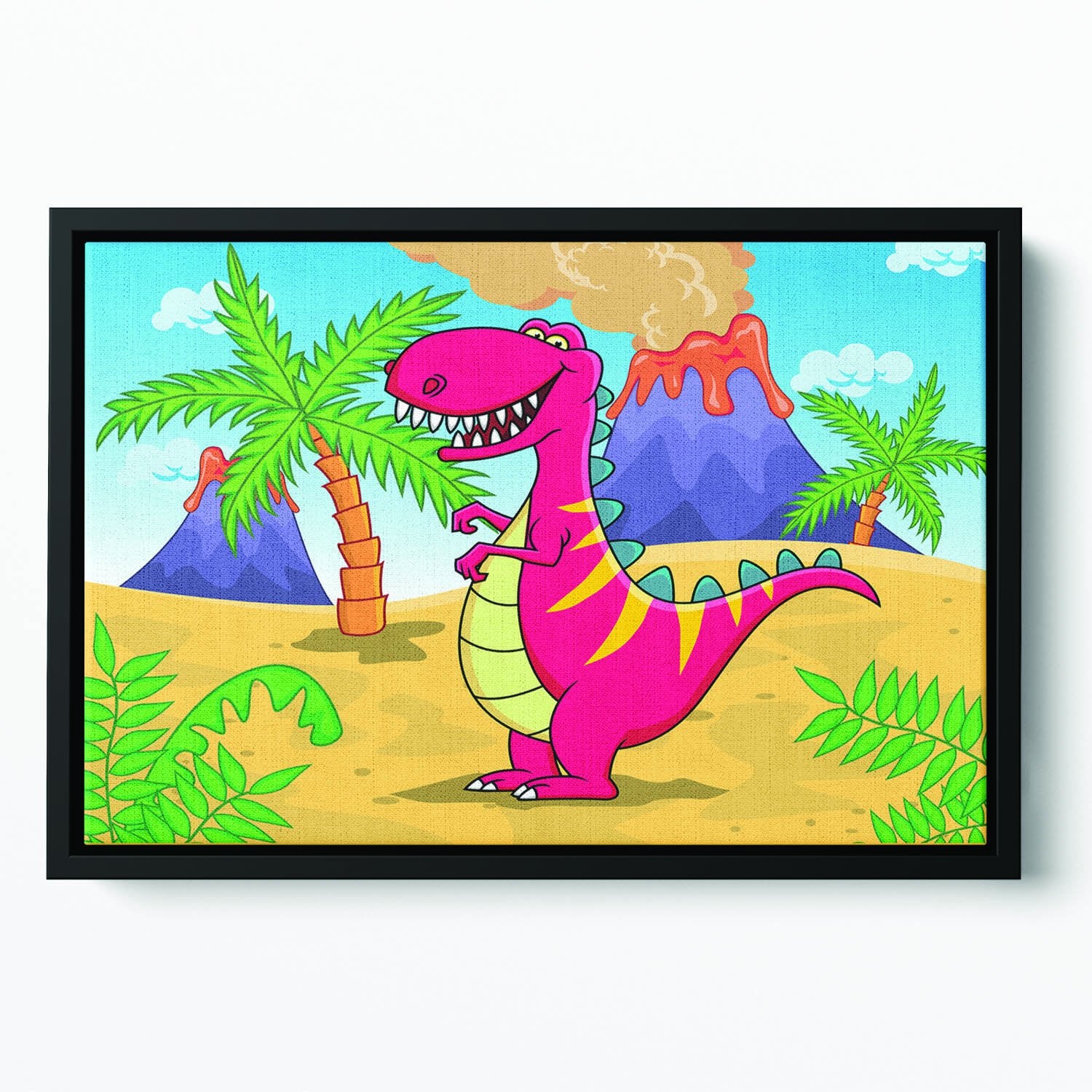 Dinosaur Volcano Cartoon Floating Framed Canvas