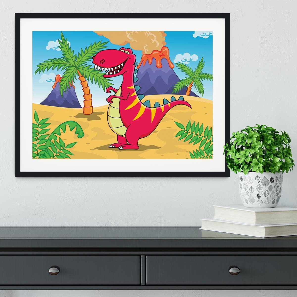 Dinosaur Volcano Cartoon Framed Print - Canvas Art Rocks - 1