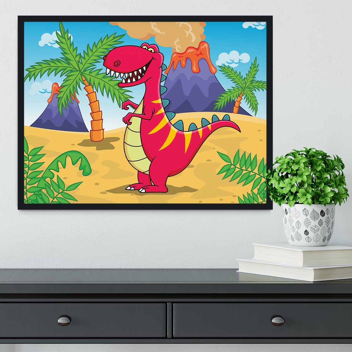 Dinosaur Volcano Cartoon Framed Print - Canvas Art Rocks - 2