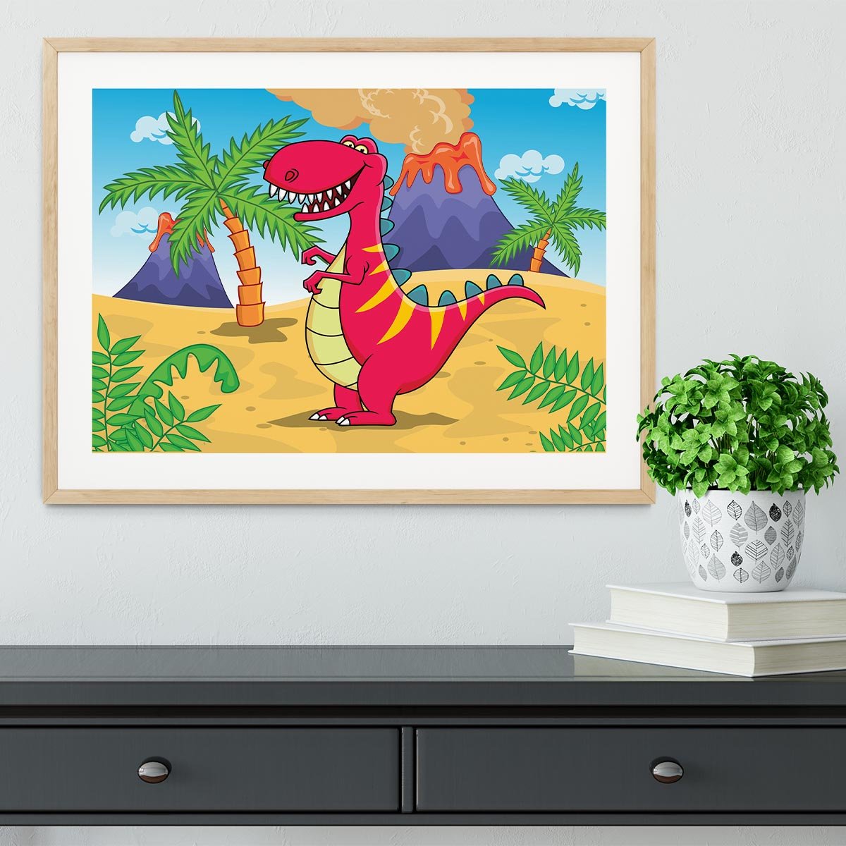 Dinosaur Volcano Cartoon Framed Print - Canvas Art Rocks - 3