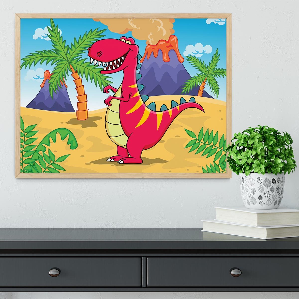 Dinosaur Volcano Cartoon Framed Print - Canvas Art Rocks - 4