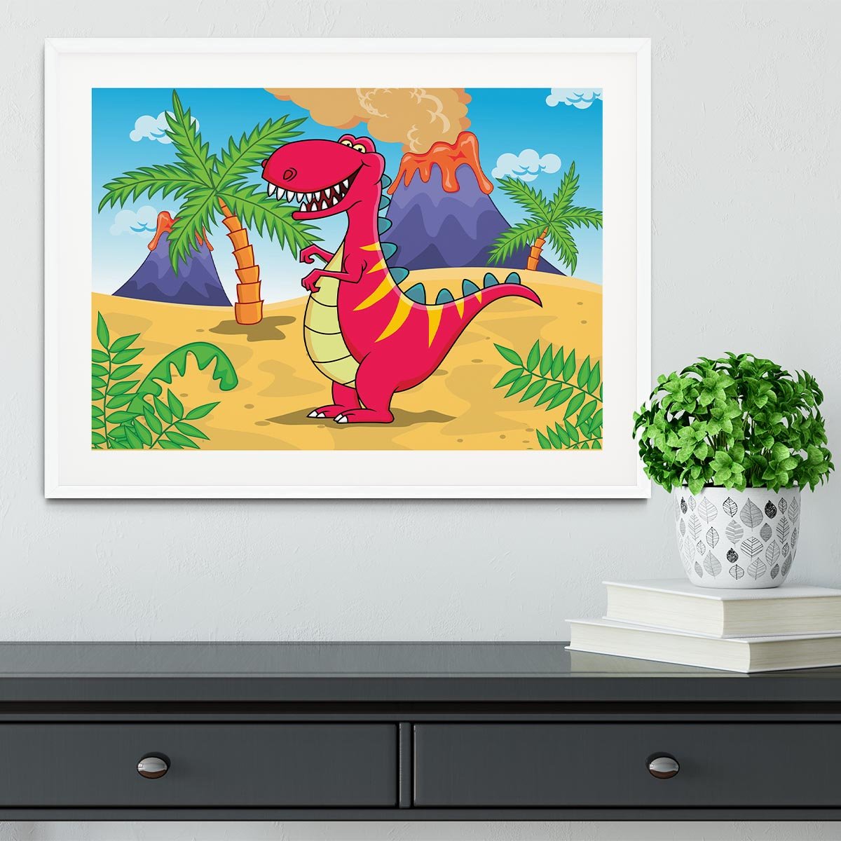 Dinosaur Volcano Cartoon Framed Print - Canvas Art Rocks - 5