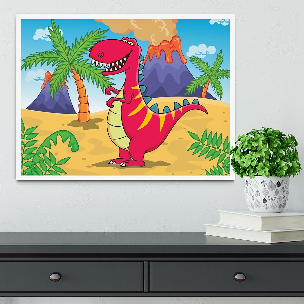 Dinosaur Volcano Cartoon Framed Print - Canvas Art Rocks -6