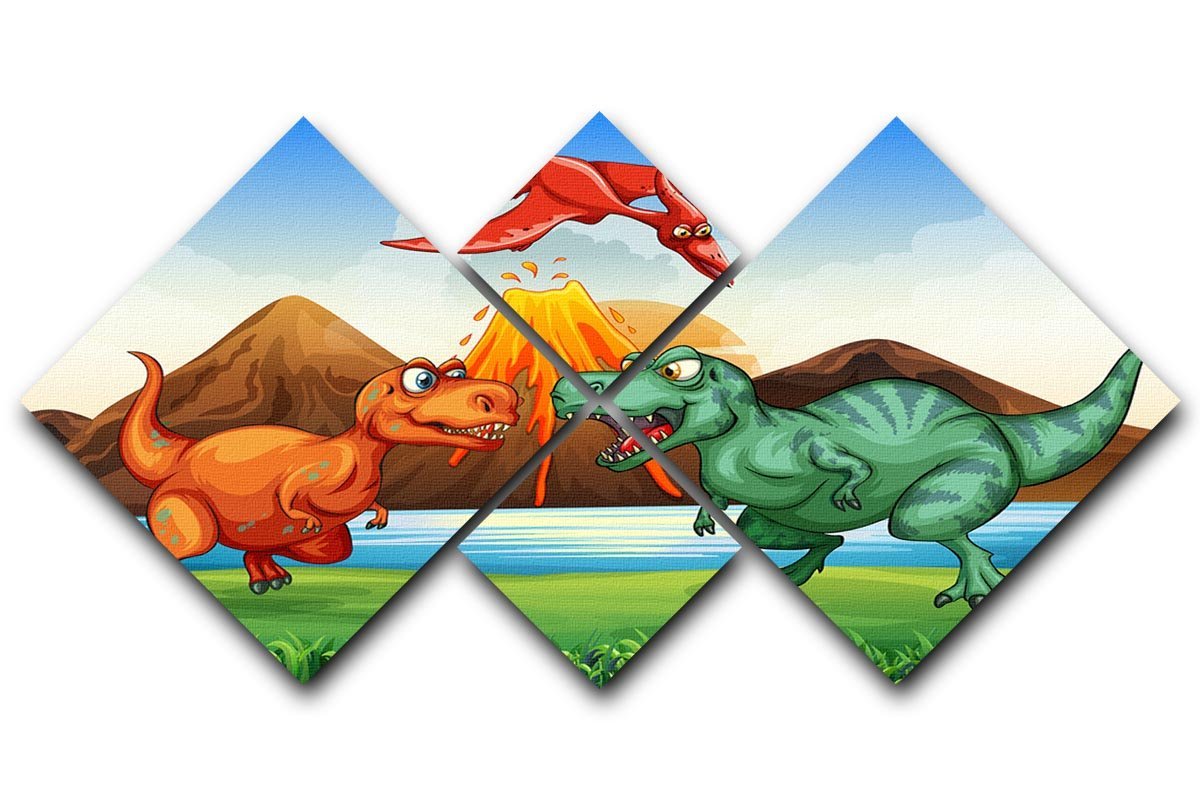 Dinosaurs fighting 4 Square Multi Panel Canvas  - Canvas Art Rocks - 1