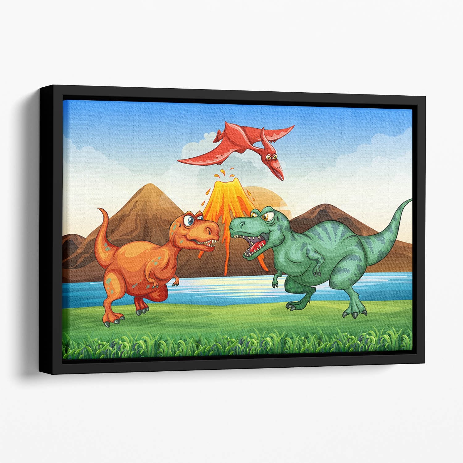 Dinosaurs fighting Floating Framed Canvas