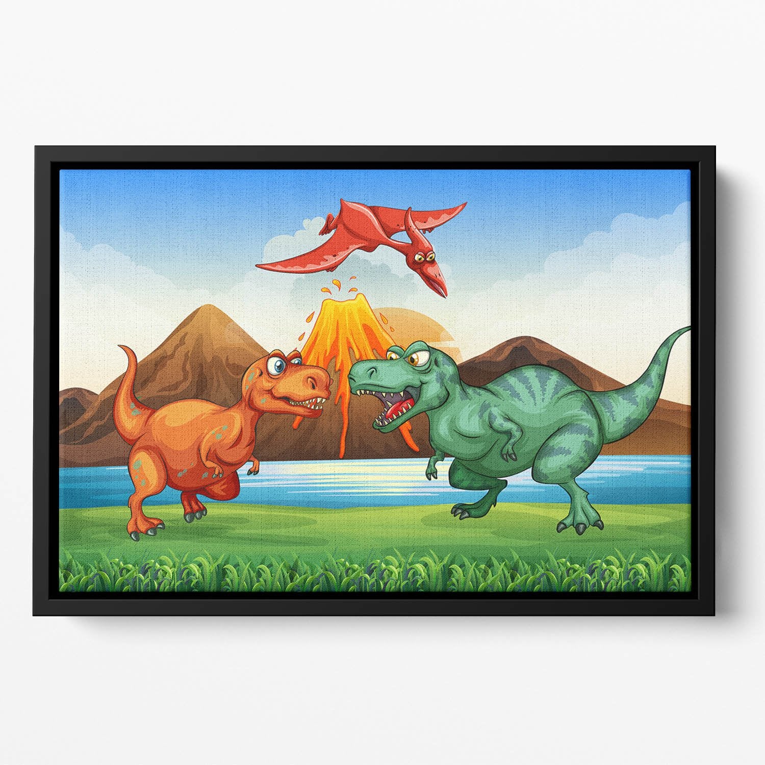 Dinosaurs fighting Floating Framed Canvas