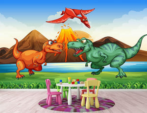 Dinosaurs fighting Wall Mural Wallpaper - Canvas Art Rocks - 2