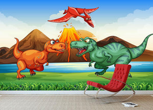 Dinosaurs fighting Wall Mural Wallpaper - Canvas Art Rocks - 3