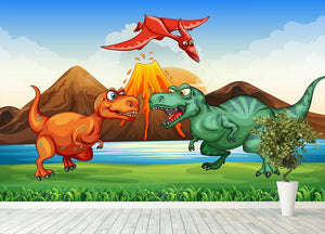 Dinosaurs fighting Wall Mural Wallpaper - Canvas Art Rocks - 4