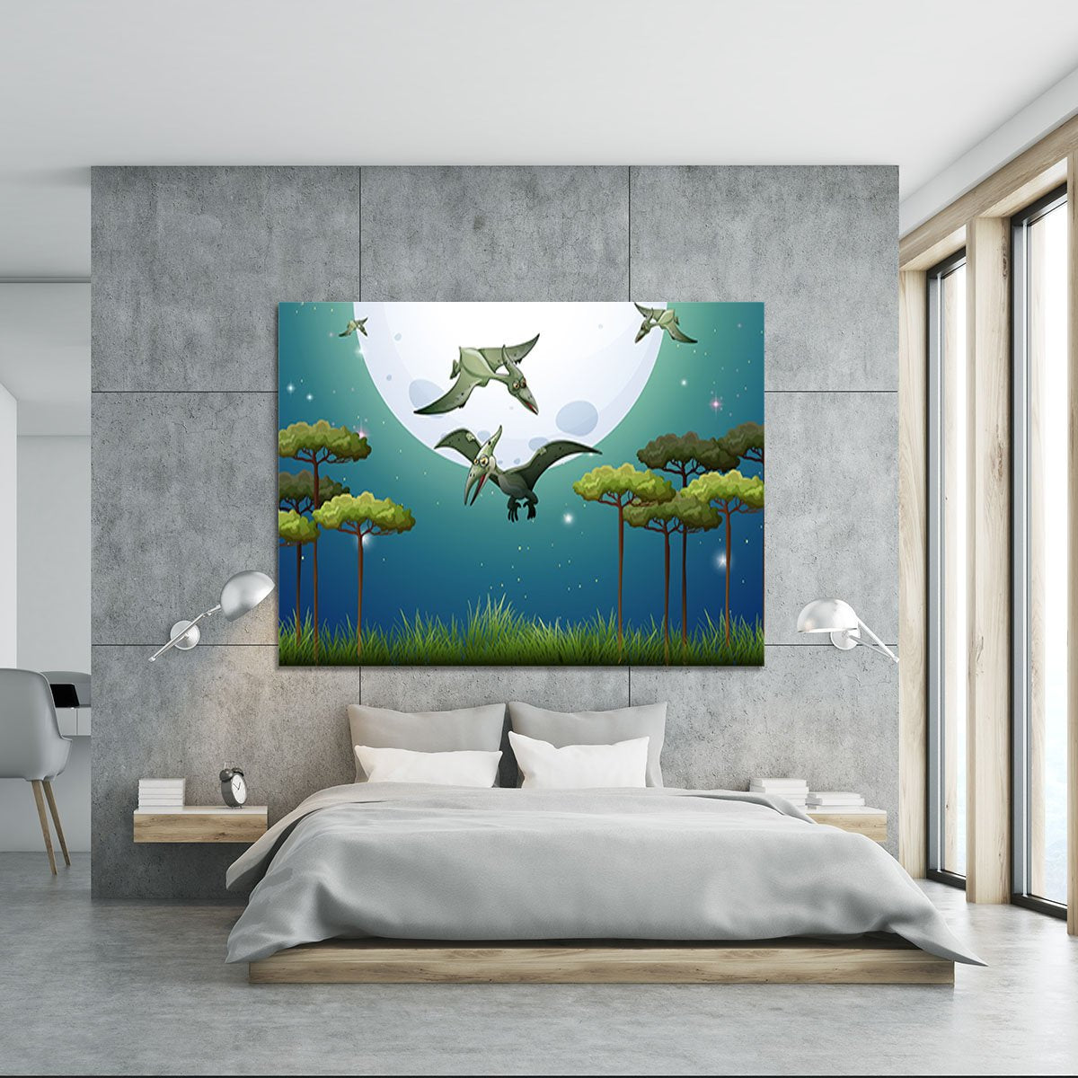 Dinosaurs flying on fullmoon Canvas Print or Poster