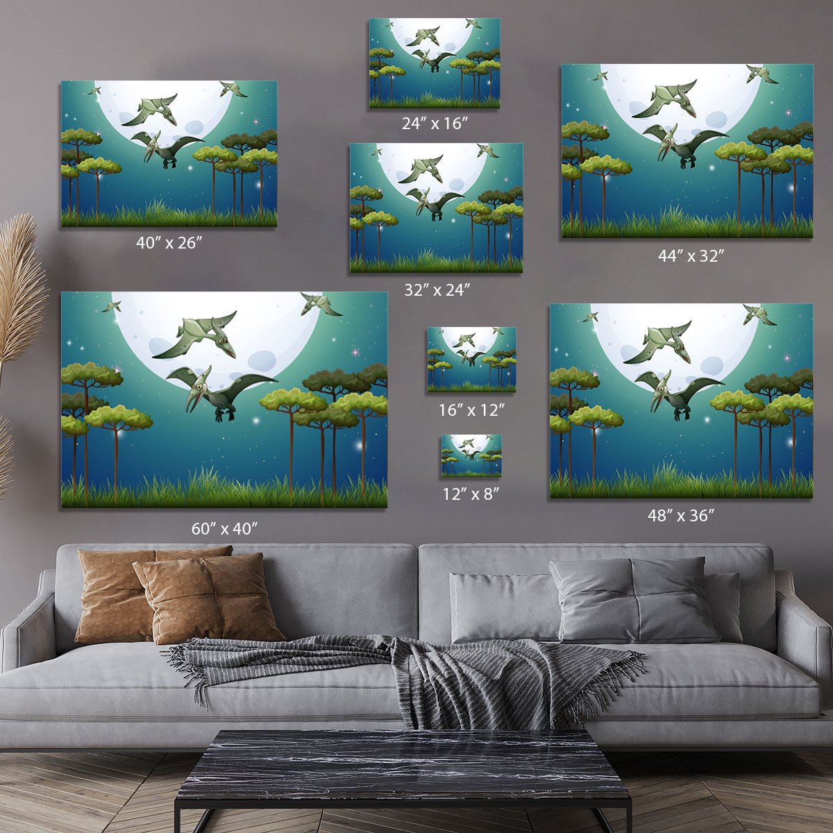 Dinosaurs flying on fullmoon Canvas Print or Poster