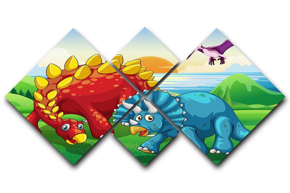 Dinosaurs in the park 4 Square Multi Panel Canvas  - Canvas Art Rocks - 1