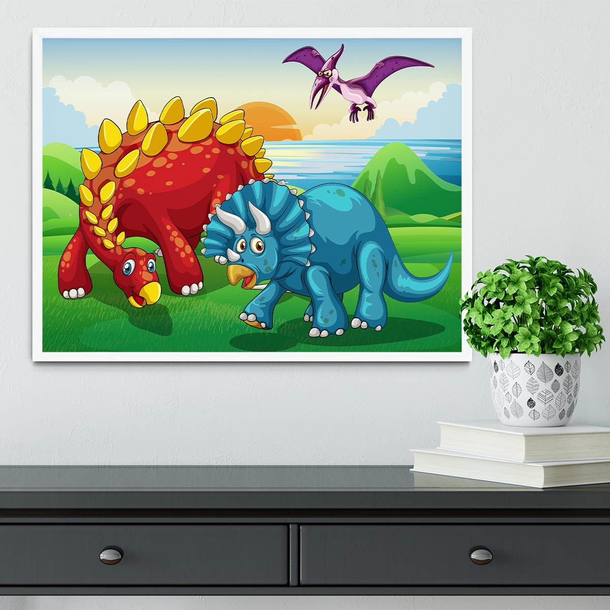 Dinosaurs in the park Framed Print - Canvas Art Rocks -6