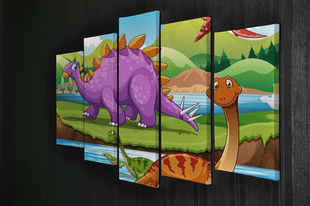Dinosaurs living by the river 5 Split Panel Canvas - Canvas Art Rocks - 2