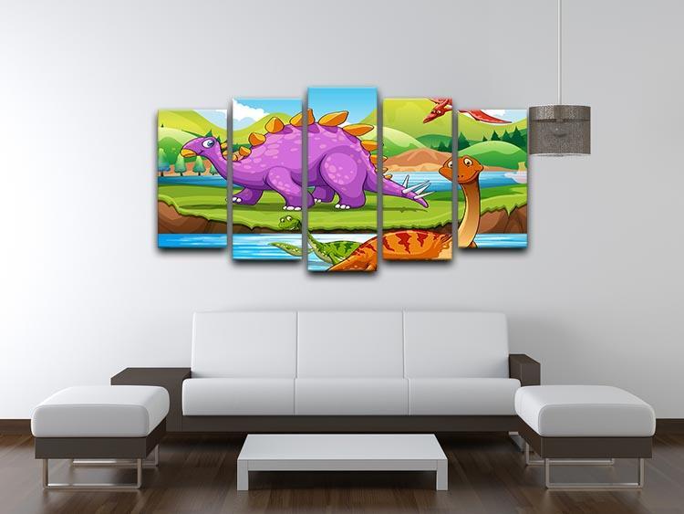 Dinosaurs living by the river 5 Split Panel Canvas - Canvas Art Rocks - 3