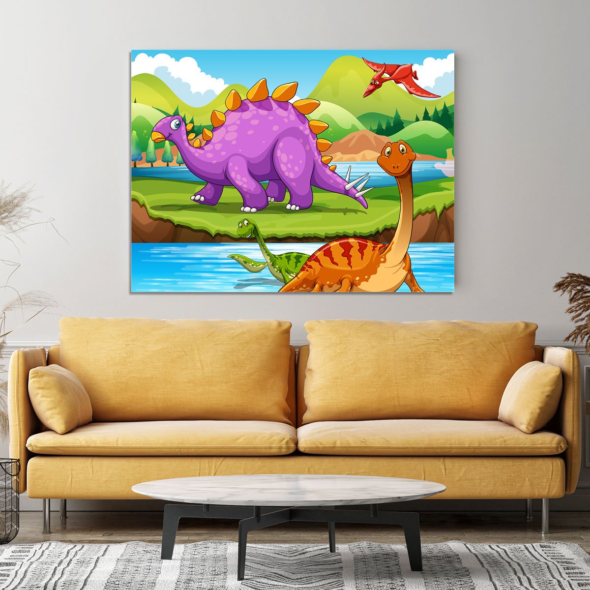 Dinosaurs living by the river Canvas Print or Poster
