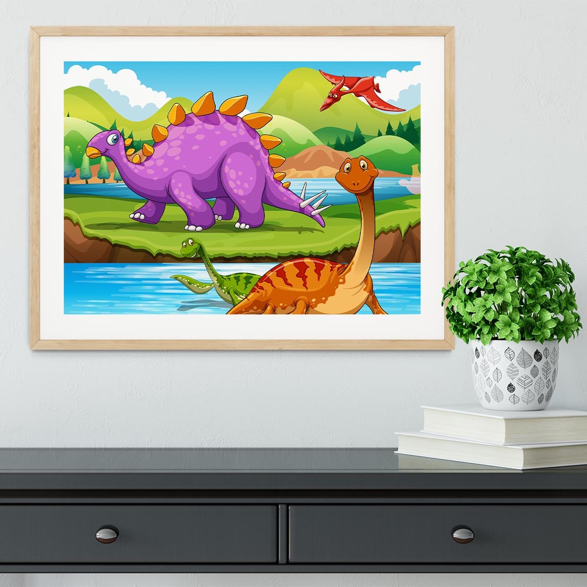 Dinosaurs living by the river Framed Print - Canvas Art Rocks - 3