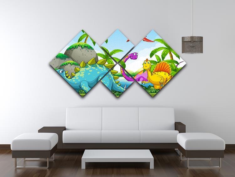 Dinosaurs living in the jungle 4 Square Multi Panel Canvas - Canvas Art Rocks - 3