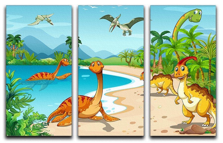 Dinosaurs living on the beach 3 Split Panel Canvas Print - Canvas Art Rocks - 1