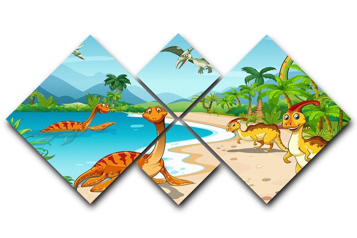 Dinosaurs living on the beach 4 Square Multi Panel Canvas  - Canvas Art Rocks - 1