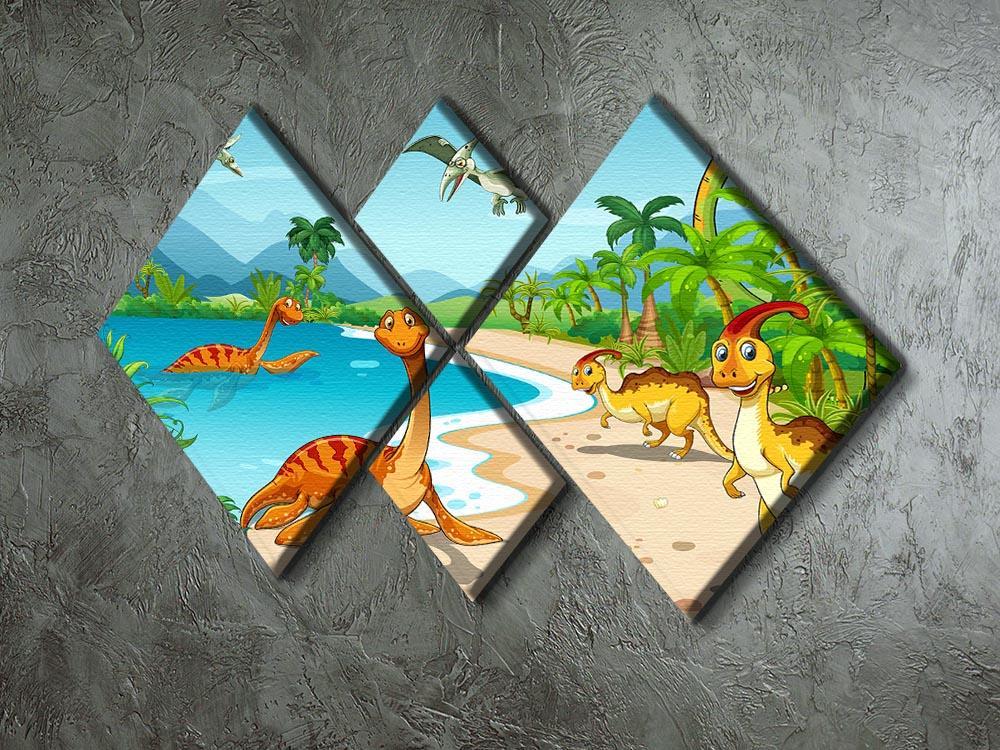 Dinosaurs living on the beach 4 Square Multi Panel Canvas - Canvas Art Rocks - 2
