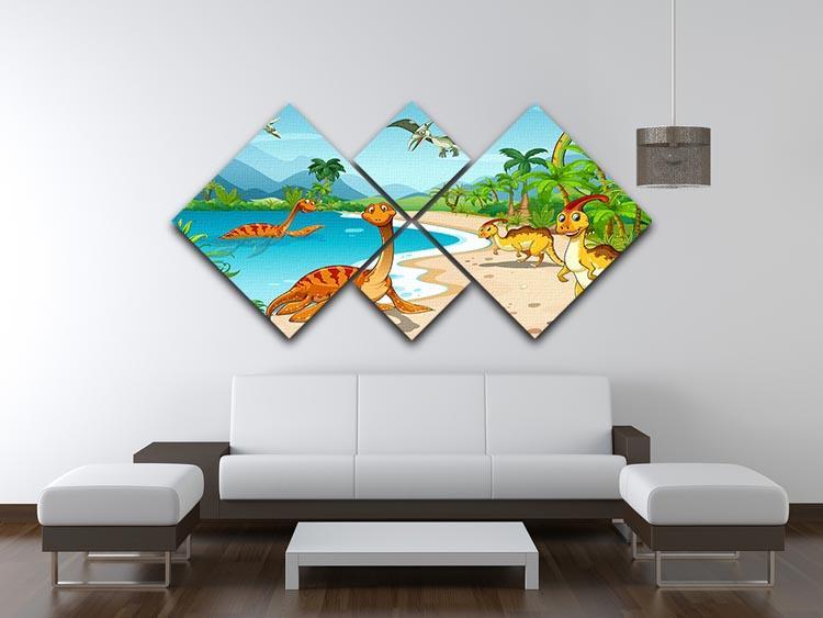 Dinosaurs living on the beach 4 Square Multi Panel Canvas - Canvas Art Rocks - 3