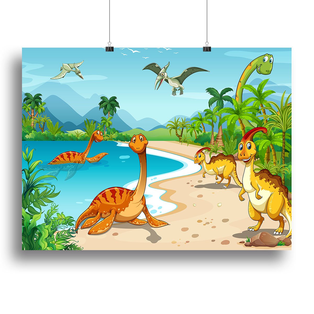 Dinosaurs living on the beach Canvas Print or Poster