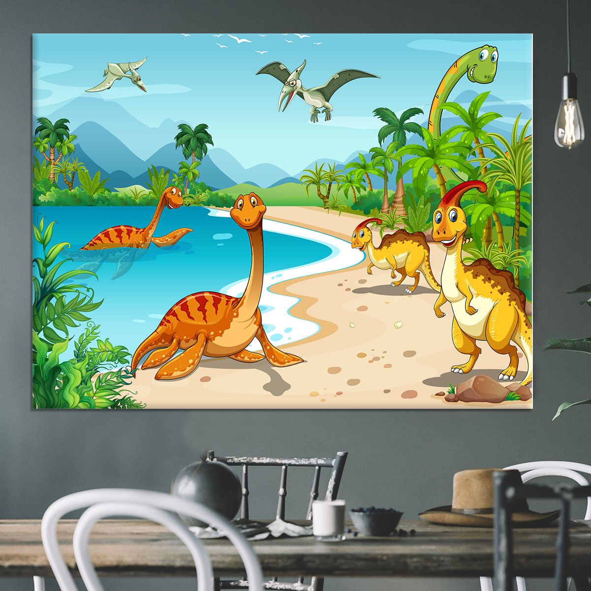Dinosaurs living on the beach Canvas Print or Poster