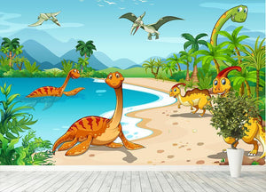 Dinosaurs living on the beach Wall Mural Wallpaper - Canvas Art Rocks - 4