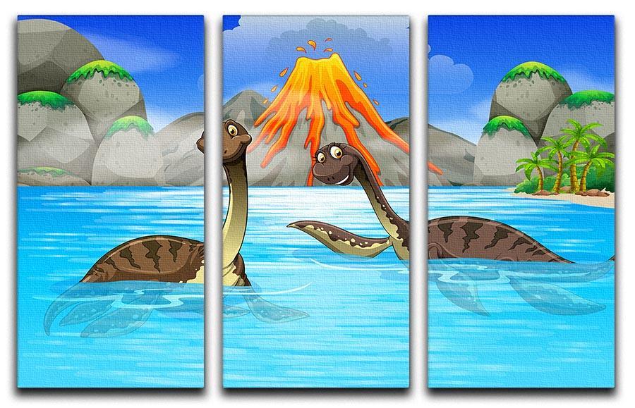 Dinosaurs swimming in the lake 3 Split Panel Canvas Print - Canvas Art Rocks - 1