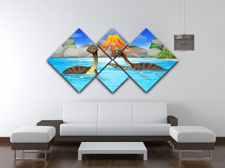 Dinosaurs swimming in the lake 4 Square Multi Panel Canvas - Canvas Art Rocks - 3