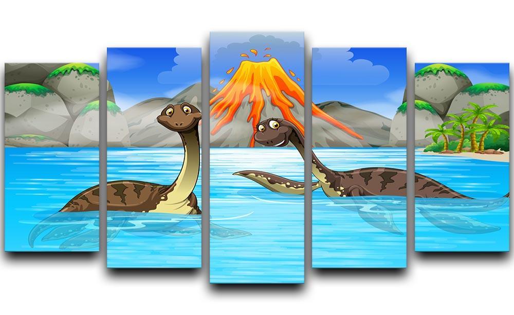 Dinosaurs swimming in the lake 5 Split Panel Canvas  - Canvas Art Rocks - 1